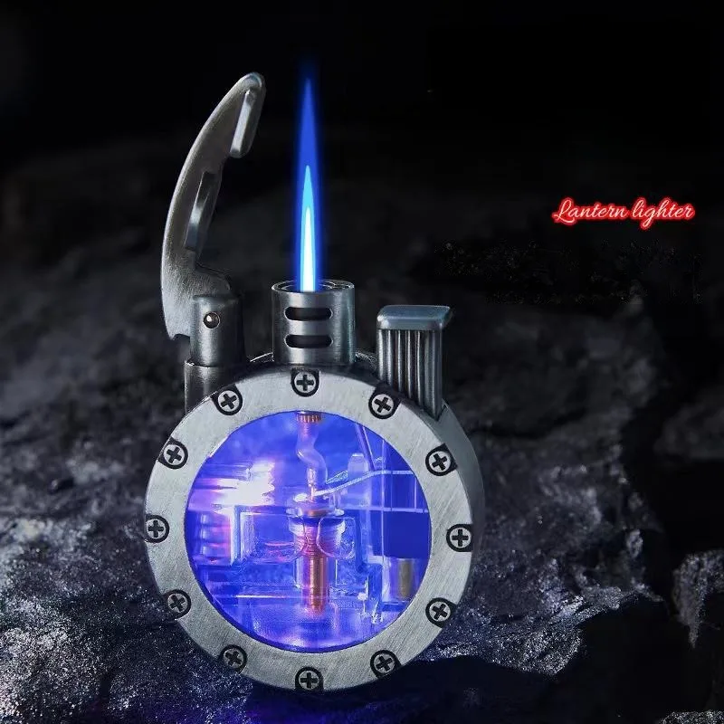 Retro Metal Windproof Blue Flame with LED Light-Emitting Inflatable Lighter Outdoor Portable Gas Lighter Cigarette Accessories