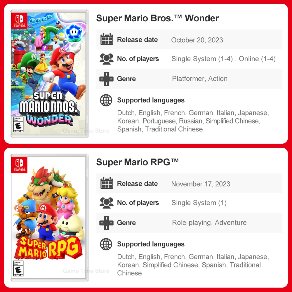 Super Mario Nintendo Switch Games Mario Bros Wonder Kart 8 RPG Mario Strikers Odyssey 3D World Fury U Deluxe Party Superstars