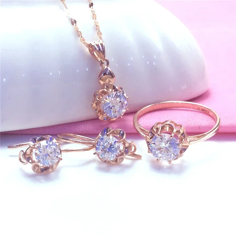 White Shiny Flower Jewelry Set Plated  Rose Gold Earrings for Women Charms Rings Necklace Elegant Light Luxury Necklaces