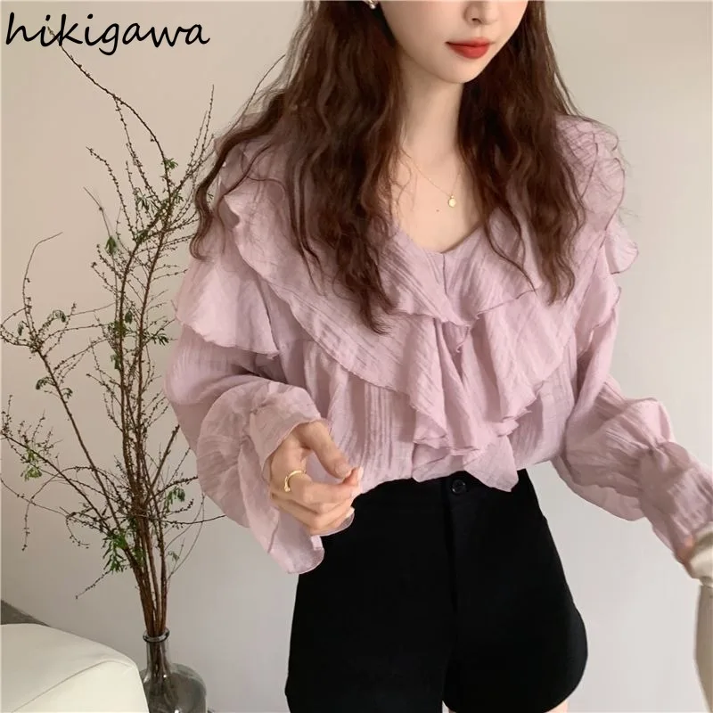 2024 Camisas De Mujer White Blouse Women\'s Clothing V-neck Long Sleeve Sweet Shirts Loose Fashion Summer Thin Blouses Tops 7o335