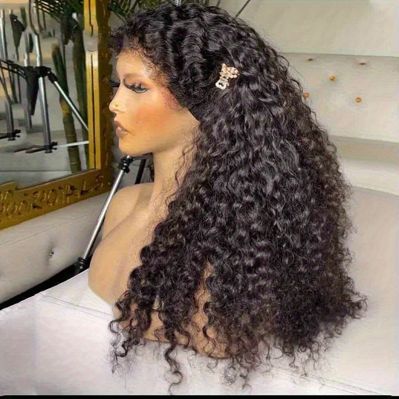 

Soft Natural Black Kinky Curly 180 Density 26 inch Preplucked Long Lace Front Wig For Women Synthetic Baby Hair Glueless