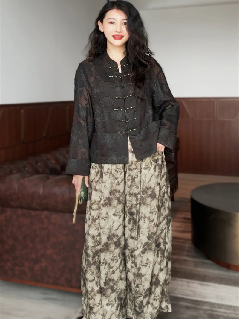 

Comfortable Silk Wide Leg Pants Women's High Waist Elastic Slimming Straight Tube Long Print Dyeing National Sle Casual Pants