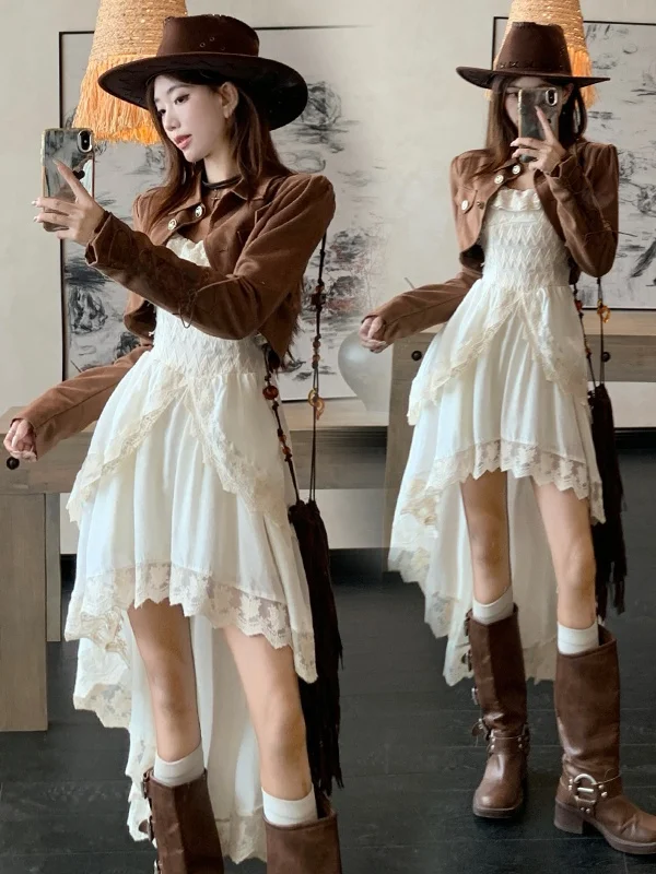 

plus Size Women's Coffee-Colored Lapel Jacket And Lace-Edged A-Line Dress Two-Piece Set Fashionable Spring Outfit Polyester F...