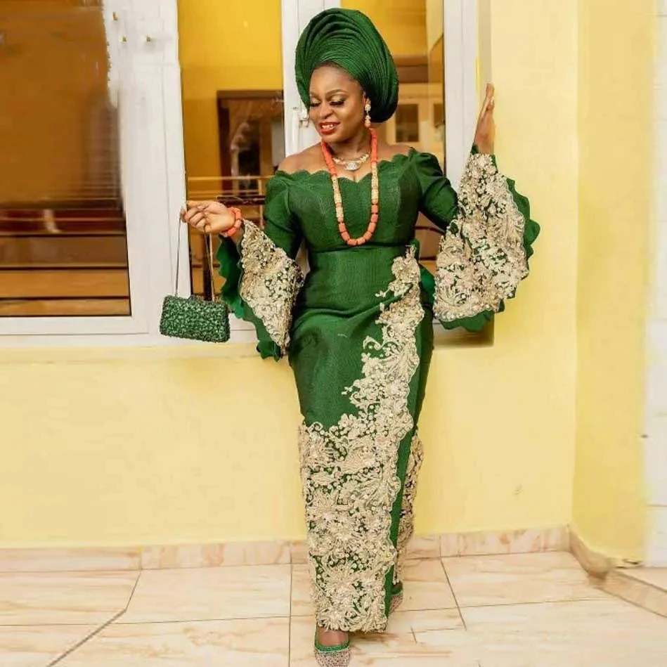 

Aso Ebi African Straight Evening Dress Customized Green Long Sleeves Formal Party Wear Floor Length Prom Occasion Gown