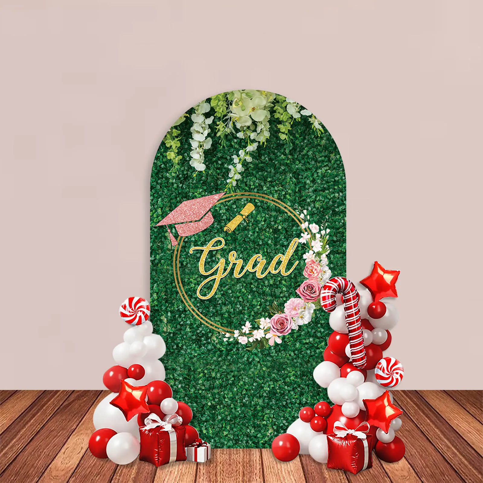 Congrats Grad Arch Backdrop Cover Green Grass Leaf White Floral  Wedding Birthday Party Decor Graduation Elastic Background