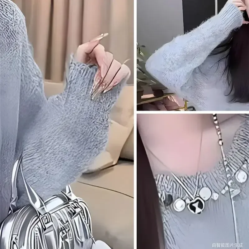 女性用ラウンドネックウールセーター,ソフトニットセーター,ルーズカシミヤジャンパー,パールスリット,韓国ファッション,秋冬