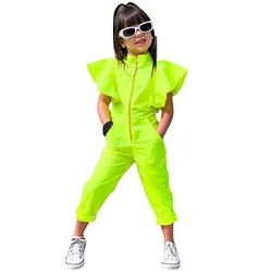 Summer Kids Girl Dance Jumpsuits Fly Sleeve Playsuits Clothes Green Children's Girls Overalls Baby Zipper Romper Party Clothing