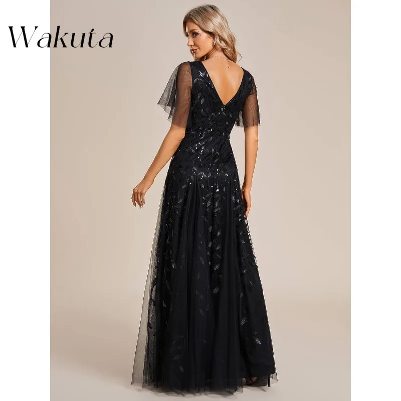 Wakuta Fashion Sexy V-neck Short Sleeved Evening Robe Classic Sequin Sparkling Slim Fit A-line Party Cocktail Dresses فستان سهرة