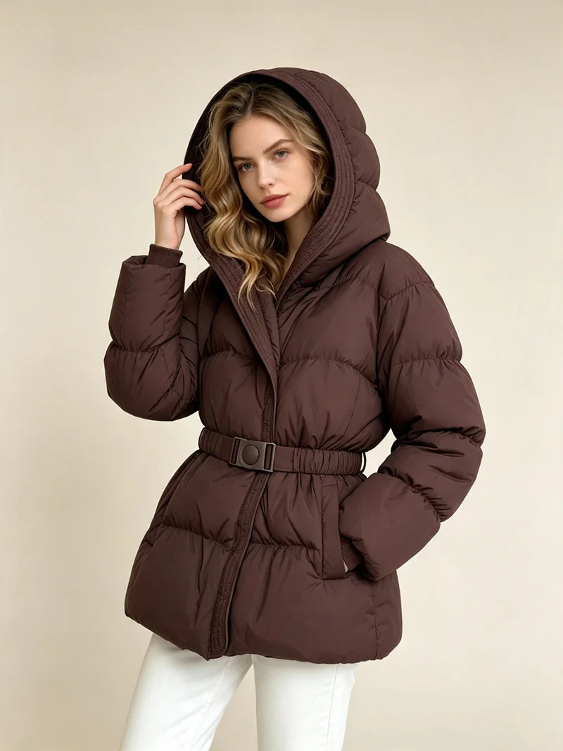 Schinteon Women White Down Jacket with Hood Solid Color Fashionable Autumn Winter Warm Outwear Parka Belt 2026 New Real Pictures
