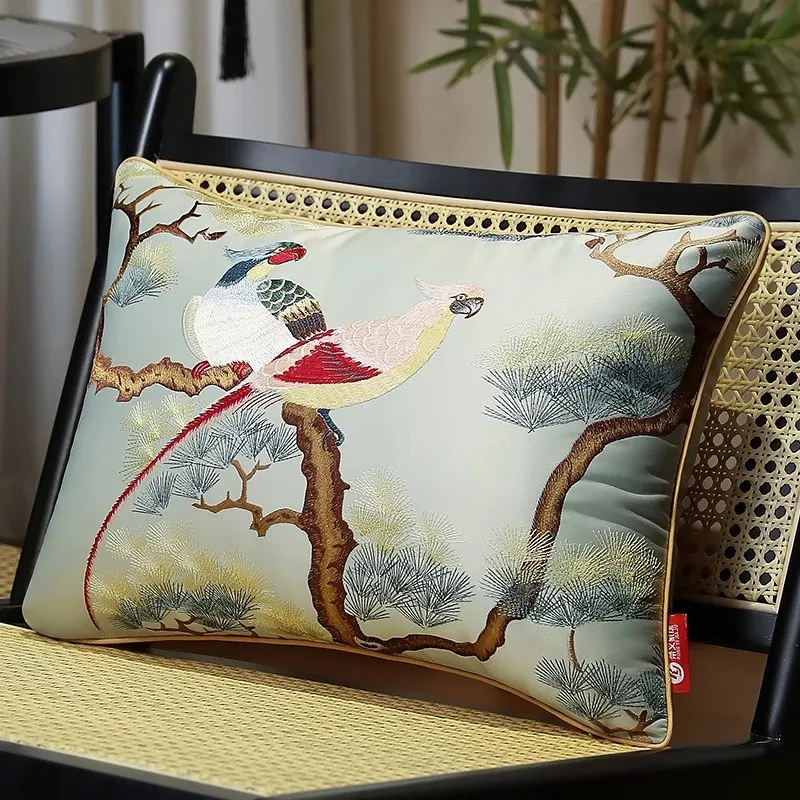 Medicci Home Chinoiserie Bird Embroidered Satin Reversible Pillow Cover  Light Blue Cushion Cases Luxurious Addition To Any Room