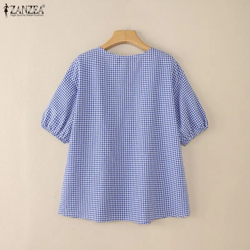 Women's Casual Loose Gingham Babydoll Blouses Lace-Up O-Neck Half Lantern Sleeves Checked Tops ZANZEA 2026 Summer Woman Clothes