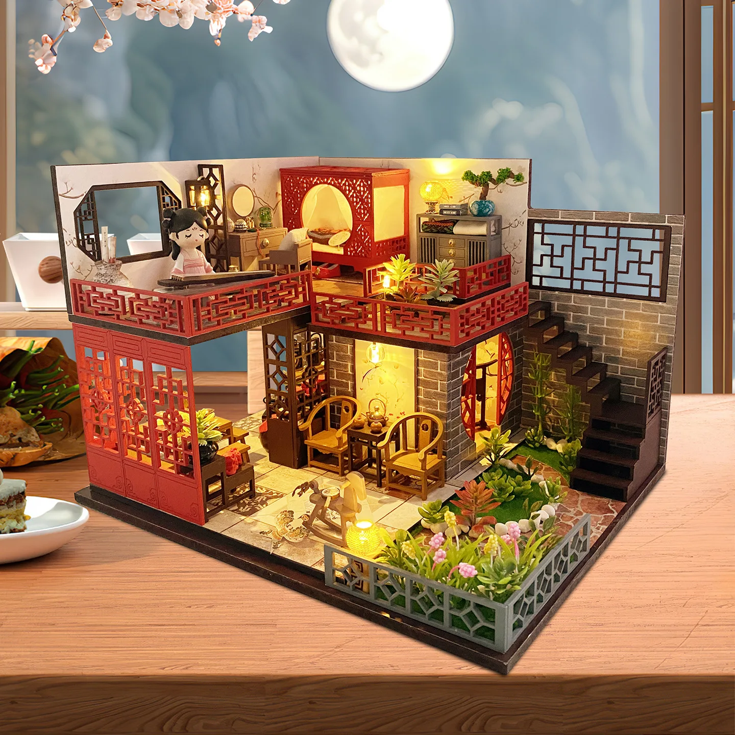 DIY Wooden Miniature Chinese Courtyard House Kit, 1:24 Scale Ancient Style Loft with LED Lights, Traditional Diorama Scene