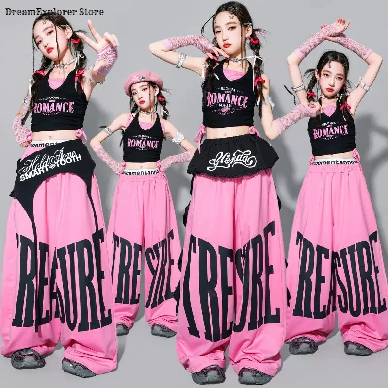 Girls K-pop Crop Tank Top Sweet Letters Loose Pants Children Hip Hop Streetwear Clothes Sets Kids Stage Girl Group Jazz Costume