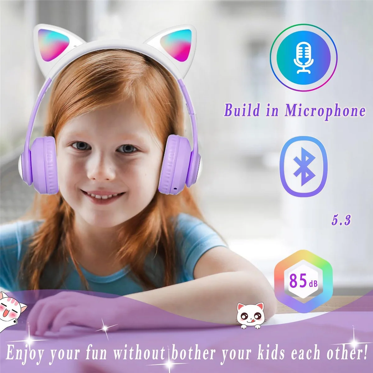 Fones de ouvido Bluetooth infantis, fones de ouvido sem fio dobráveis com luz LED, fone de ouvido de jogo com orelhas de gato para telefone-B