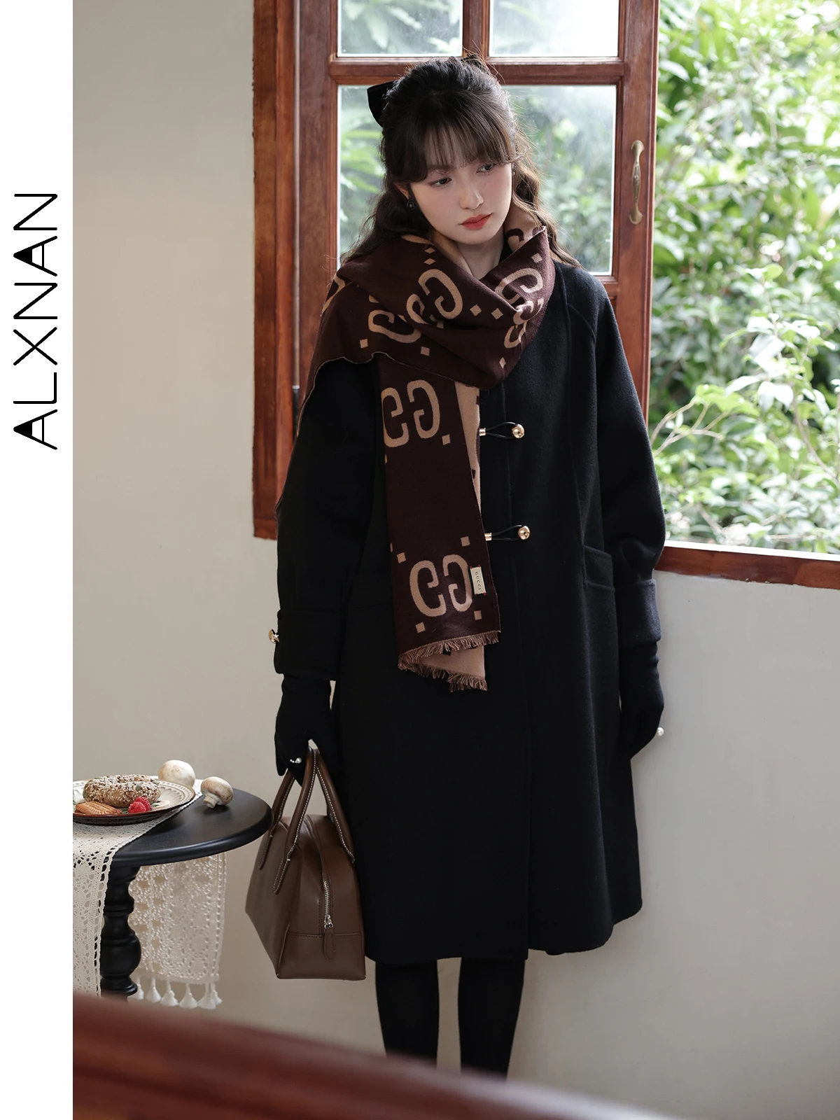 ALXNAN mantel wol tebal temperamen wanita, mantel wol pinggang tinggi longgar Polo kerah Drop Cuff 2024 musim gugur musim dingin LXN27870