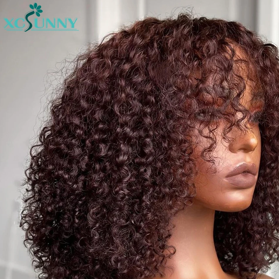 Dark Burgundy Human Hair Wig 99J Wine Red Kinky Curly Bob Wig With Bangs Brazilian Machine Made Bang Wig Human Hair