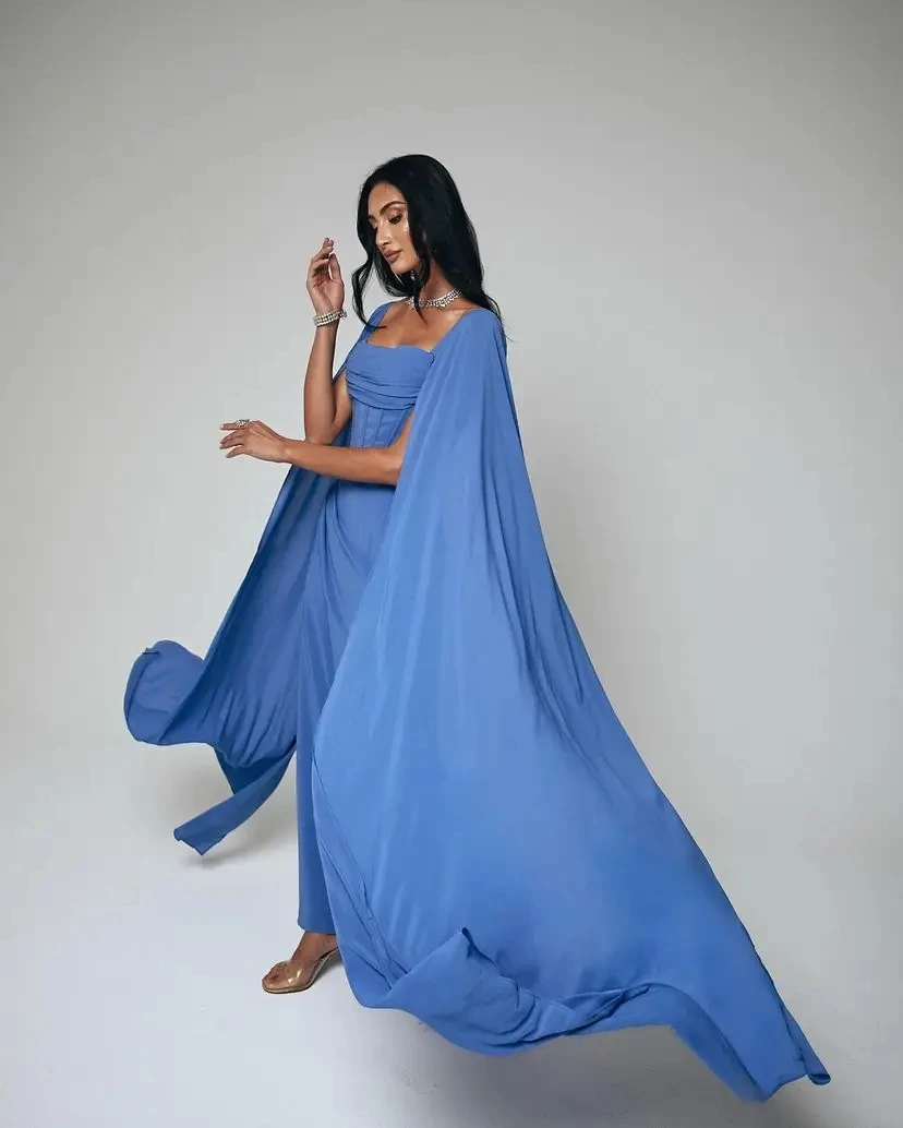 Semplici abiti da sera a-line in Chiffon squisiti abiti da ballo personalizzati blu con spalle scoperte abiti da festa di nozze per occasioni formali