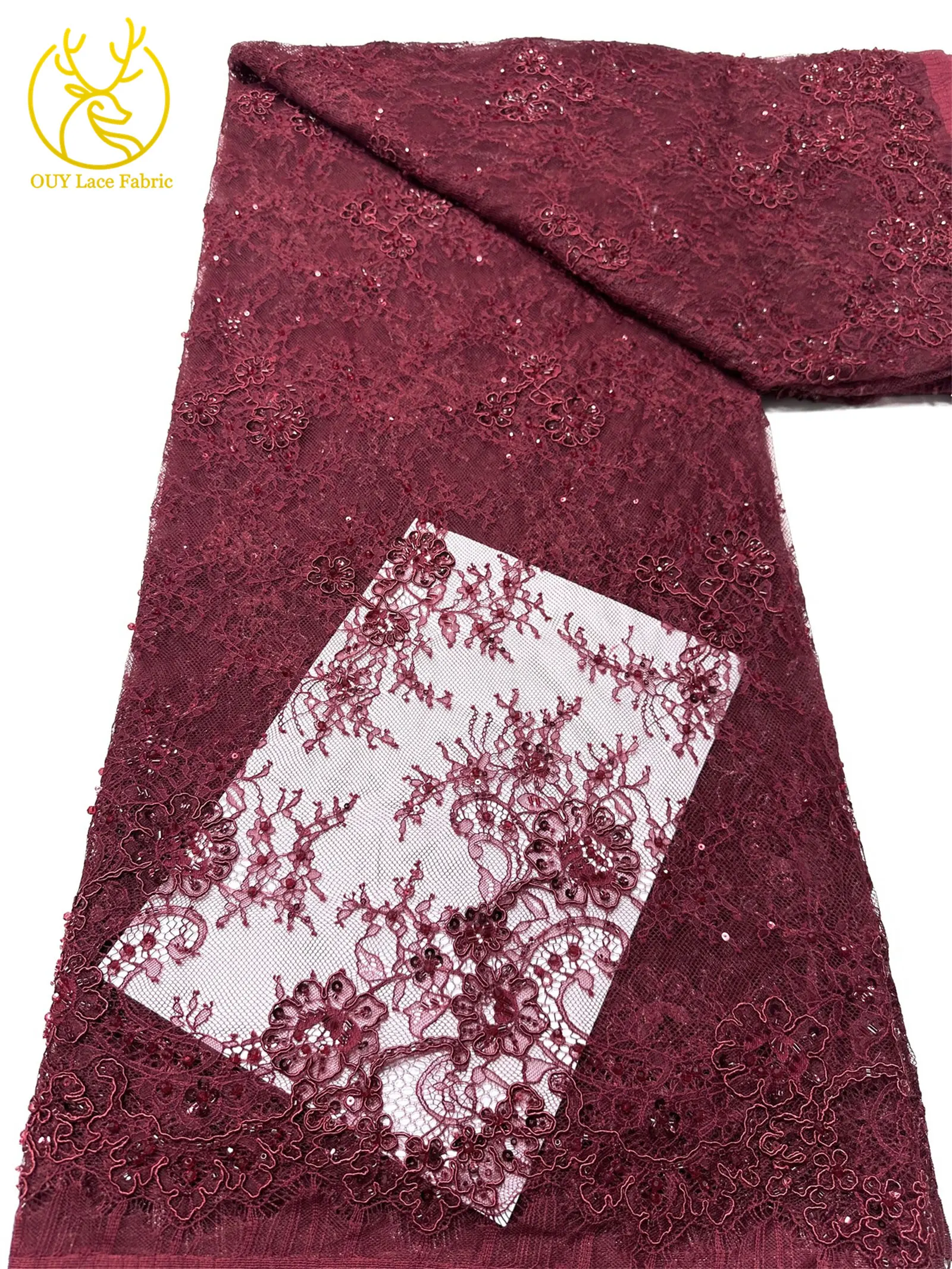 Hochwertiger Afrikanischer Pailletten-Spitzenstoff in Marineblau, Französischer Nigerianischer Perlen-Spitzenstoff, Ideal für Partykleider und Abendkleider – Detail 17