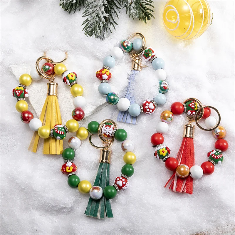 Christmas Wood Beaded Keychain Bracelet Colorful KeychainTassels Women Can Hang Wallets Keychain Men's Car Keychain Jewelry