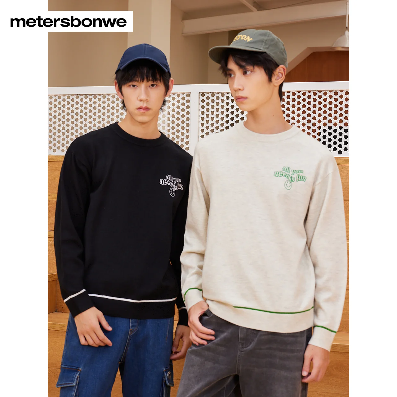 

Metersbonwe-Men's Crewneck Long Sleeve Jumper Simple Embroidered Color Clash Sweater Campus Student Youth Winter