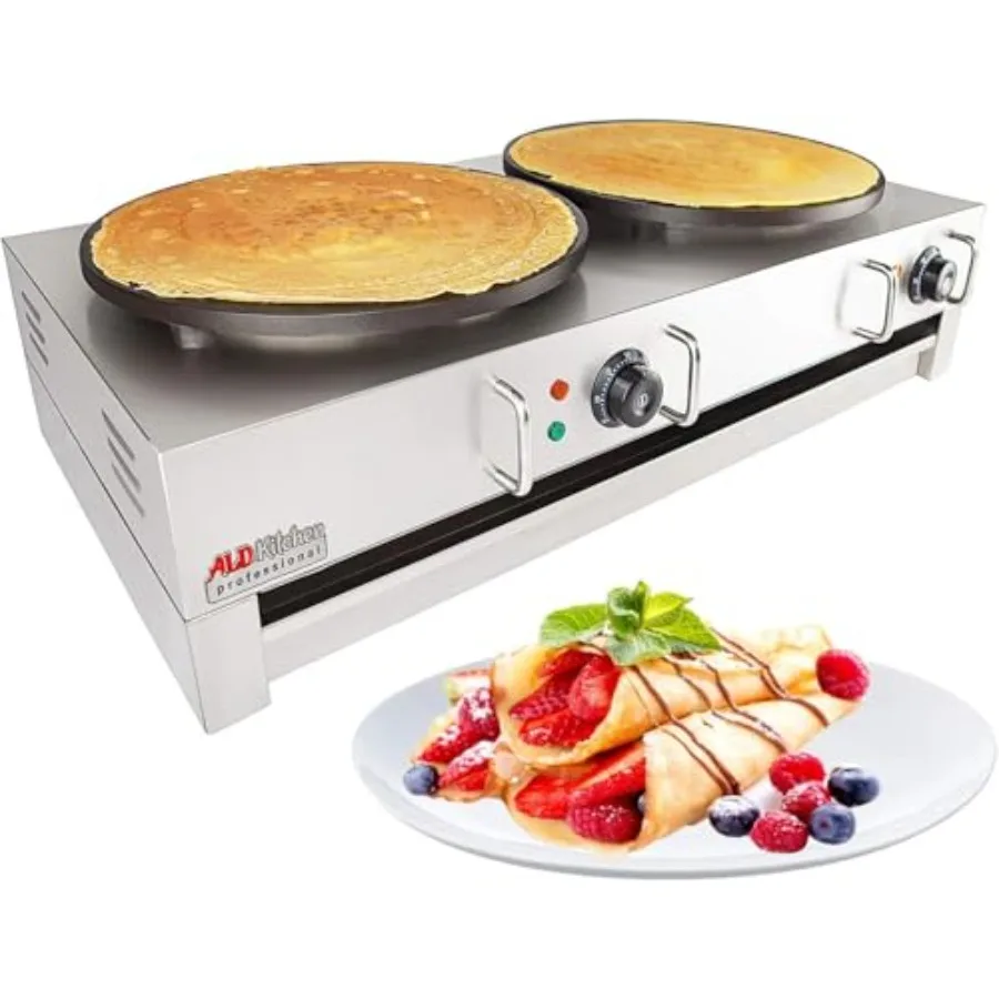

Commercial crepe maker for professional kitchens, nonstick 16-inch plate, black finish, fast even heating and dual-unit 110V el