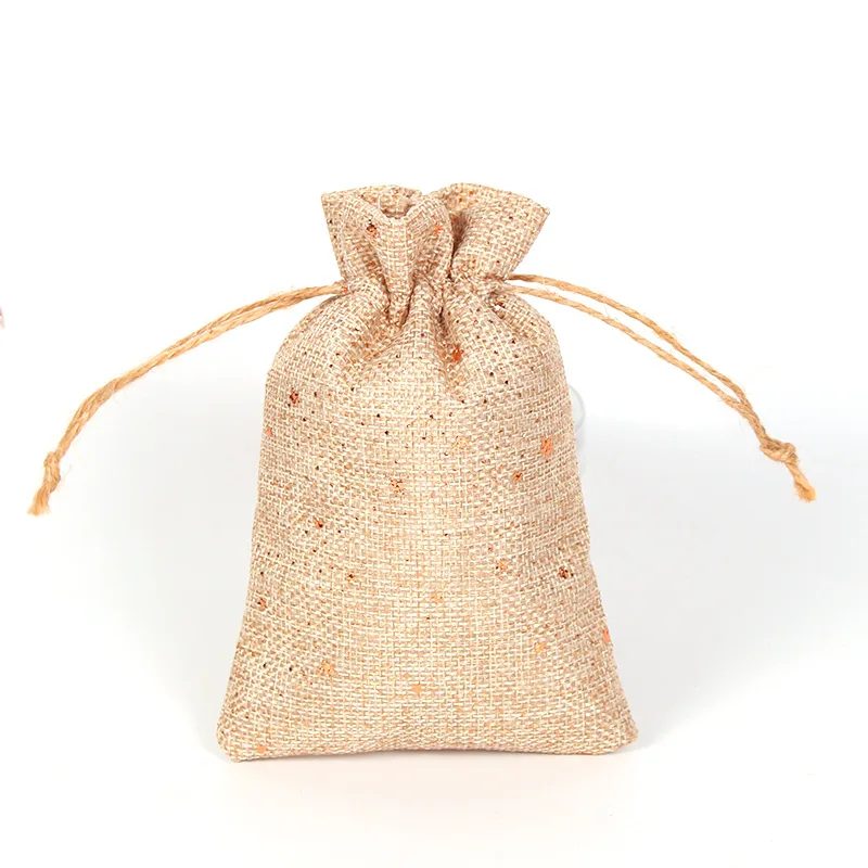50pcs/lot 10*15cm Stamping Gold Linen Drawstring Bag Jewelry Pouches Wedding Party Candy Christmas Gift Packaging Bags