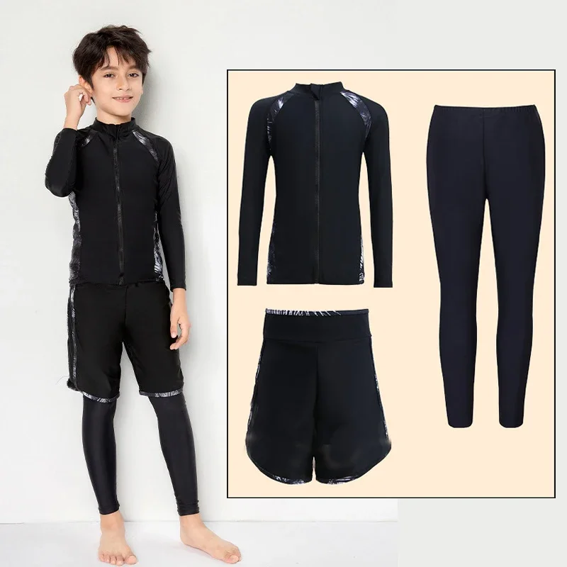 Boy's Rash Guard Long Sleeve UV Sun Protective Water Swim Shirts+Pants+Trunks, Full Body Zip Up Swimwear Swimsuit Tops Bottoms