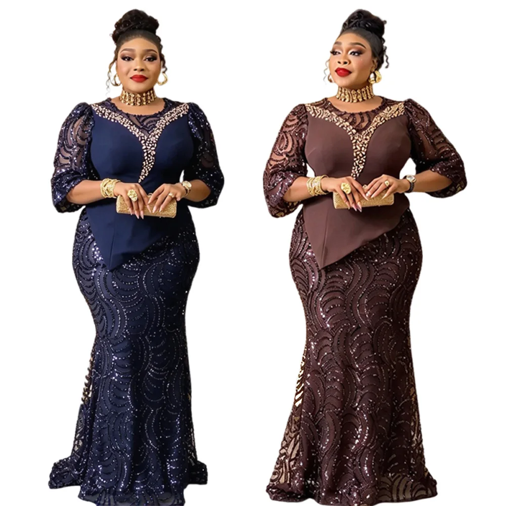 Plus Size Dashiki African Dresses for Women Autumn African Long Sleeve Sequin Polyester Party Evening Long Maxi Dress Outfits