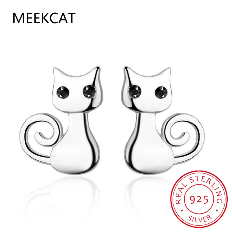 Real 925 Sterling Silver Animal Earring Sweet Cute Cat Stud Earring Brincos de Prata for Daughter Girls Fine Jewelry Gift DS3761