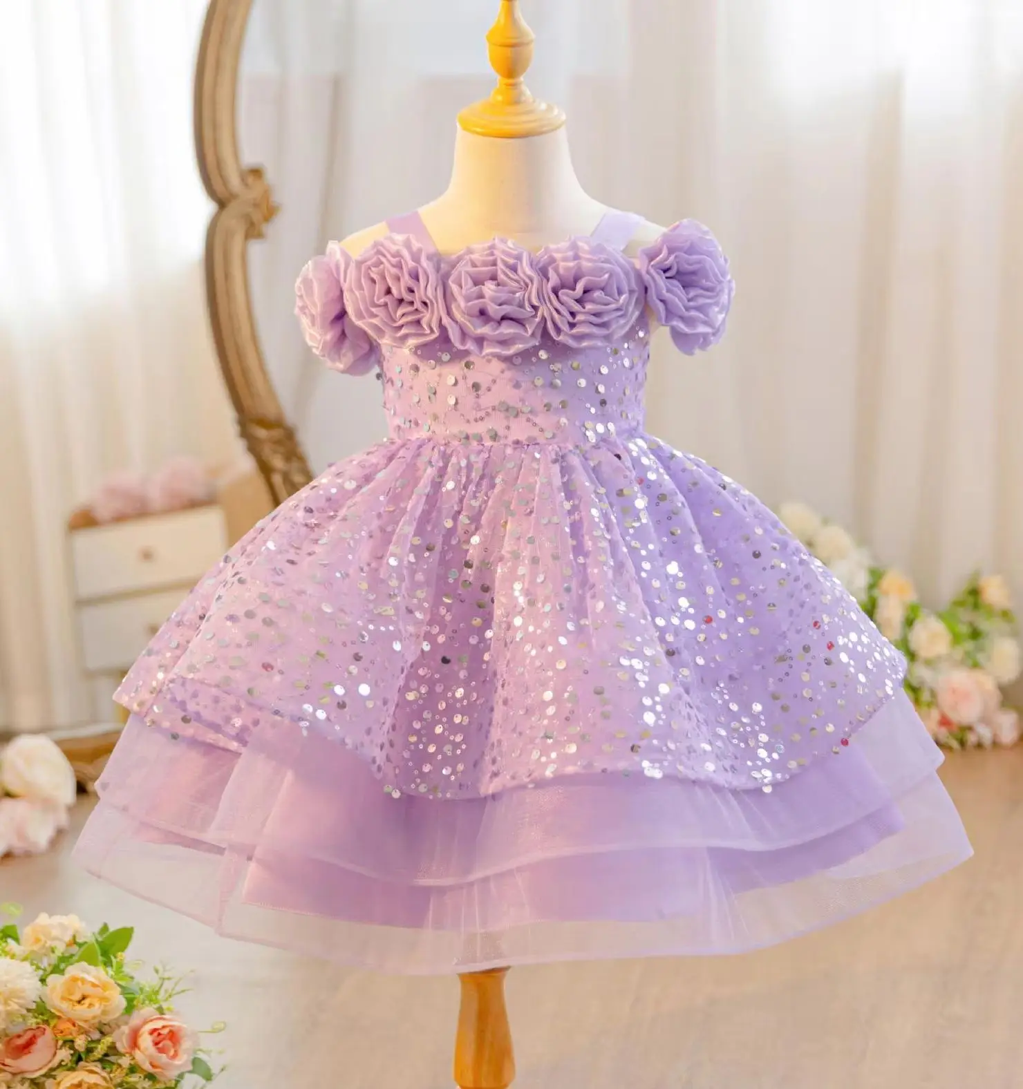New Flower Girl Party Dress Sequined Girls' Festival Dresses Kid Clothes Princess Ball Gown