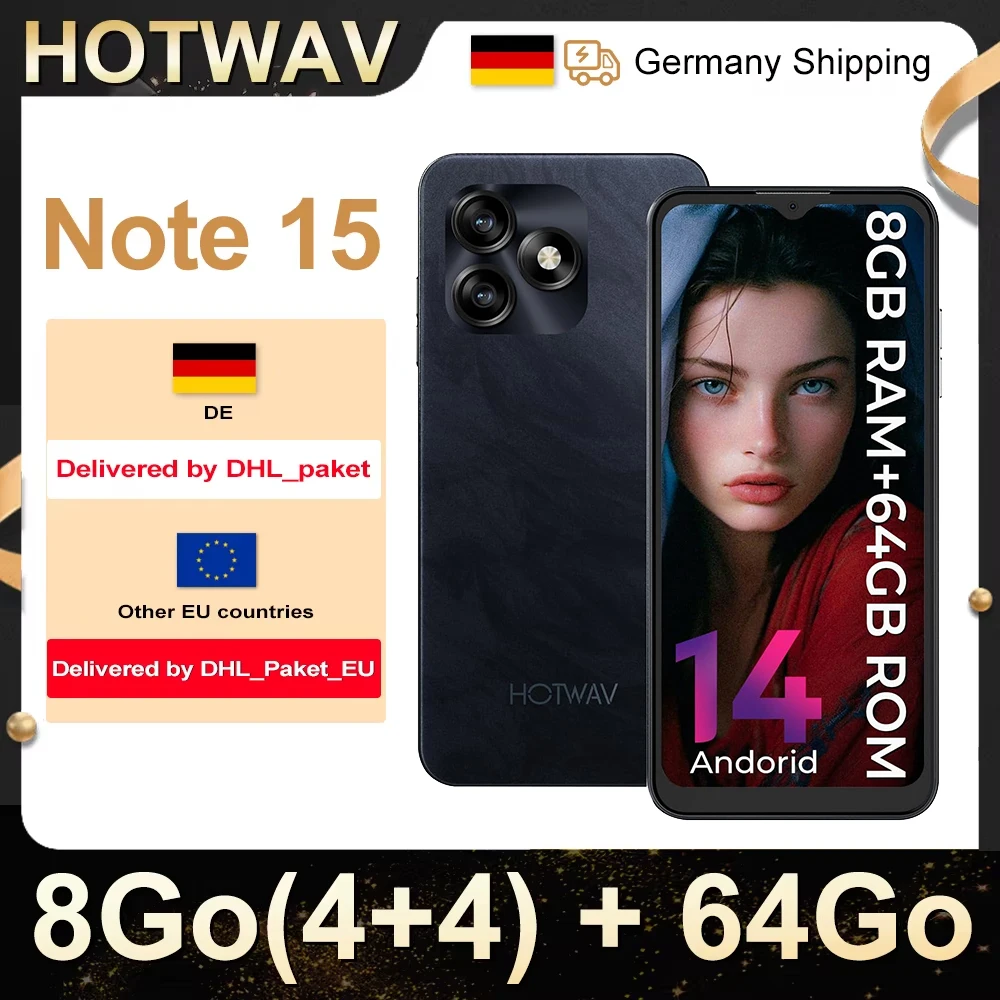 هاتف HOTWAV Note 15 المحمول 6.6 بوصة 5160mAh بطارية كبيرة أندرويد 14 بصمة إصبع شريحة نانو مزدوجة 8(4+4)GB RAM 64GB ROM