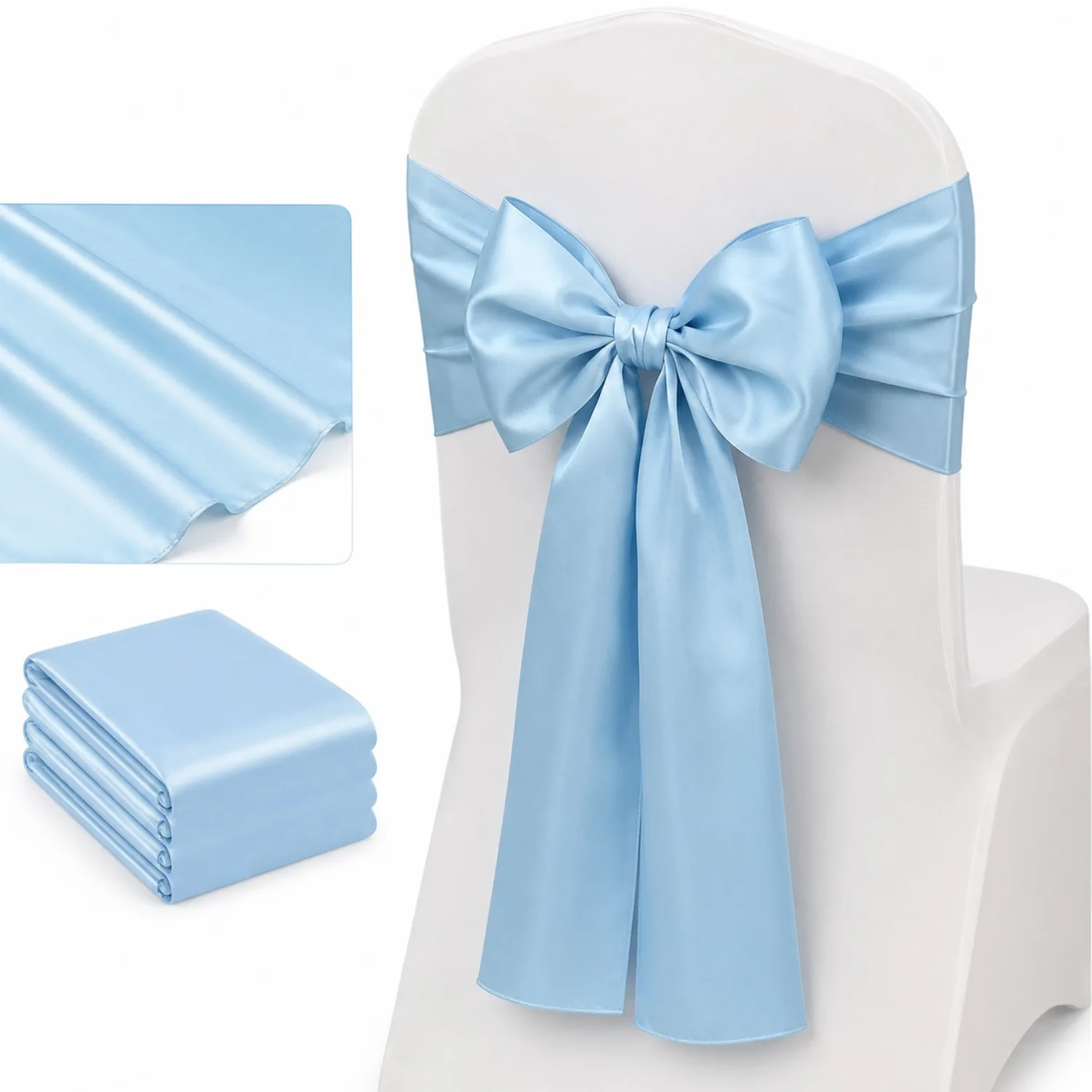 12/20Pcs Baby Blue Satin Chair Sashes, 7 x 108in Wedding Chair Bows for Baby Shower, Gender Reveal, Birthday, Banquet