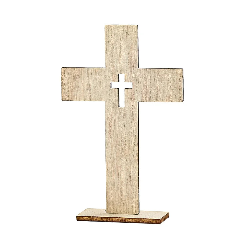 6pcs Wooden Cross Candlestick Projection Standing Jesus Crucifix Christian Baptism Decor Table First Communion Altar Supplies