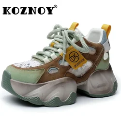 Koznoy 7cm Air Mesh Genuine Leather Chunky Sneaker Summer Hollow Women Sandals Vulcanize Breathable Loafer Platform Comfy Shoes