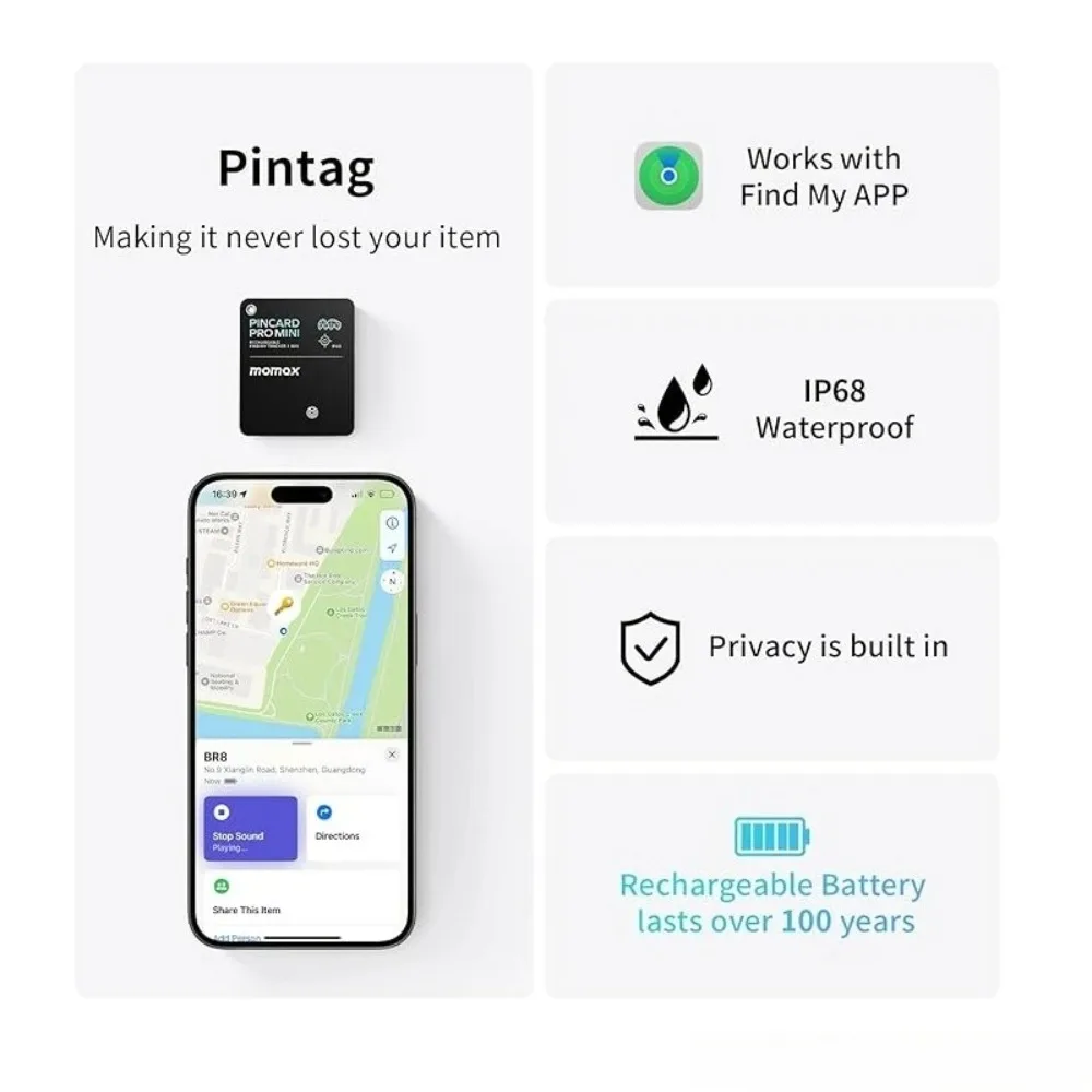 MOMAX Pincard Pro Mini Wallet Finder Rechargable  Wireless Charge Card Smart Tag for Luggage Suitcase Pet Kid