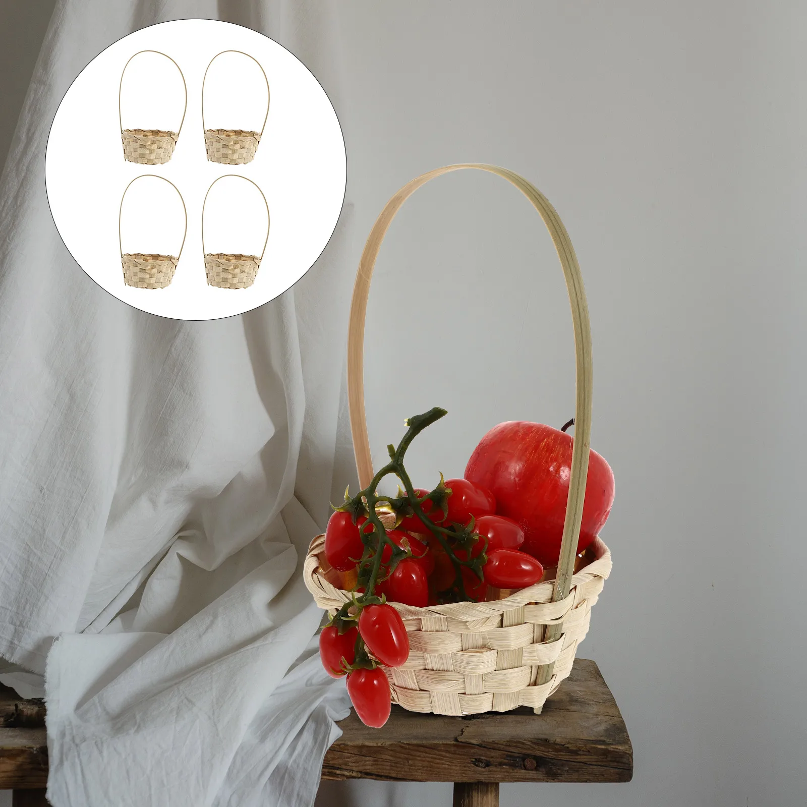

4Pcs Bamboo Hand-Woven Basket Elegant Appearance Fruit Storage Flower Decor Wedding Tote Picnic Basket