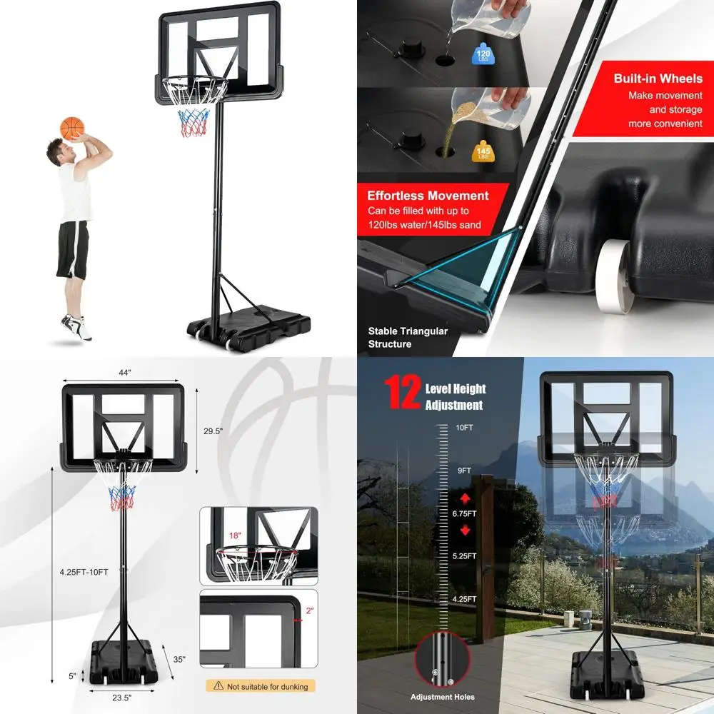 Portería de baloncesto ajustable para exteriores de 10 pies con tablero inastillable y ruedas integradas para niños y adultos
