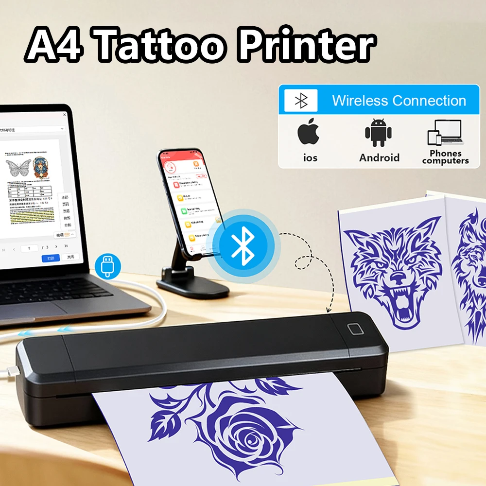 Marklife Portable A4 Thermal Tattoo Printer Inkless Bluetooth Mini Printer Image Logo HD Printing Tattoo Machine A4Paper Printer