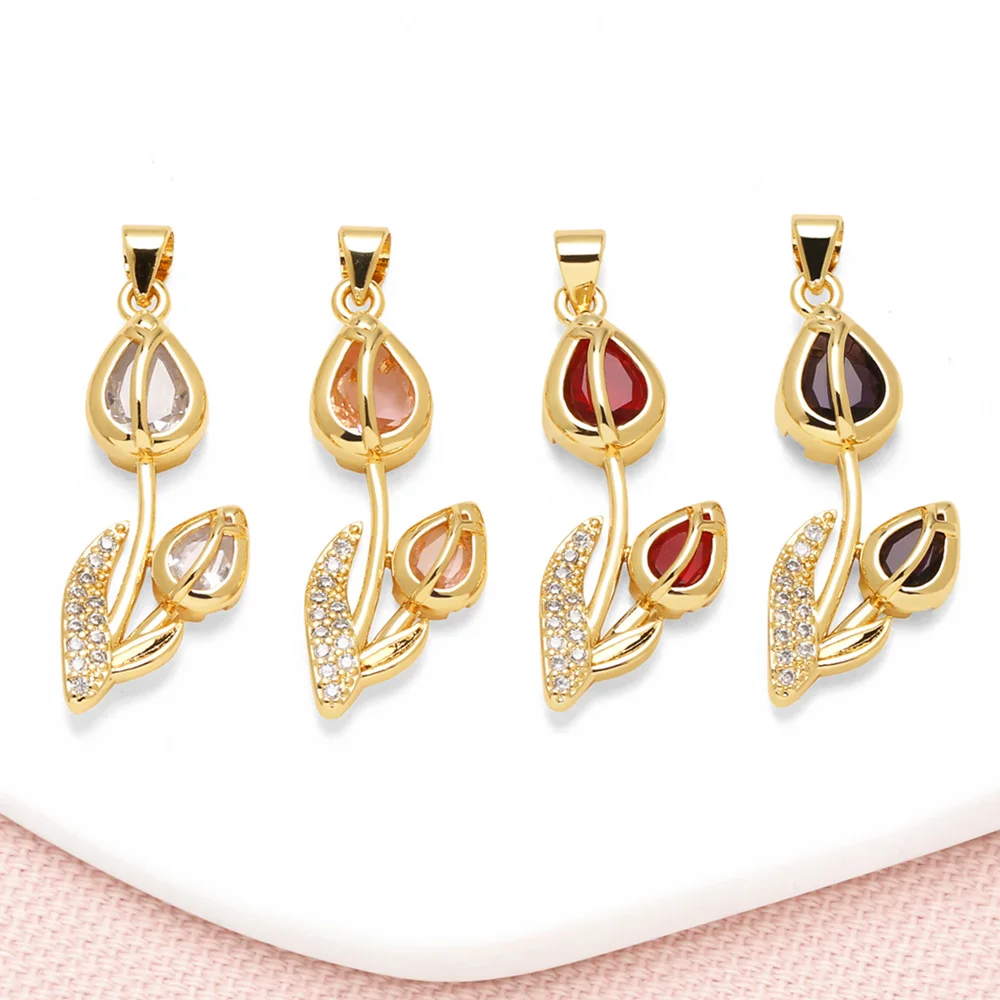OCESRIO Multicolor Crystal Waterdrop Big Flower Pendant For Necklace Copper Gold Plated Handmade Jewelry Making Supplies Pdta961