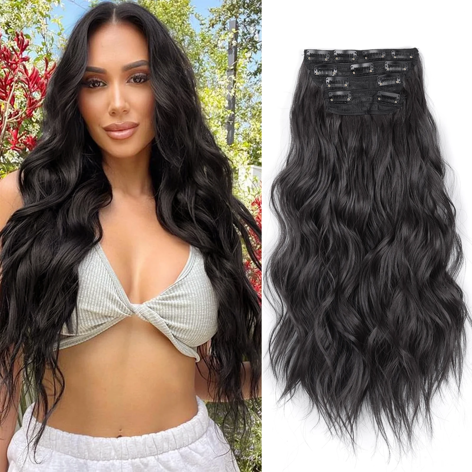 Synthetic 4Pcs/Set 11 Clips in Hair Extensions Long Wavy Hairstyle Hairpiece 20Inch Black Brown Natural Fake Hair For Women