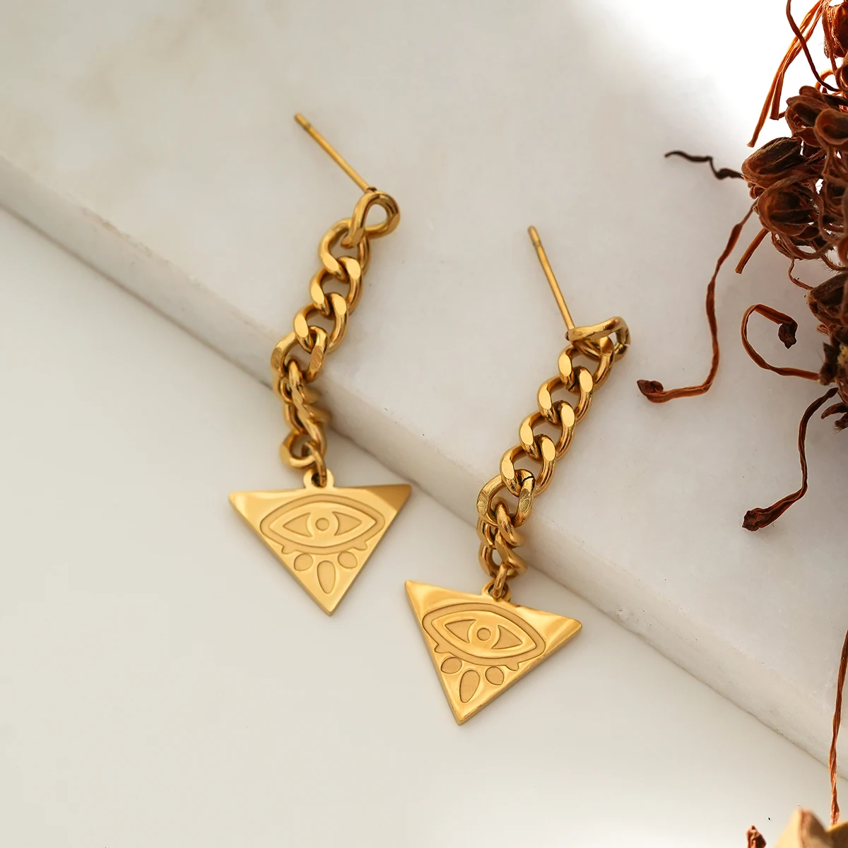 Retro triangle pyramid eye design earrings, stylish trend 14k gold plated long stainless steel earrings