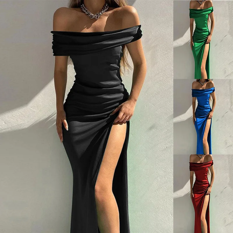 

Women Long Short Sleeve Slash Neck Strapless Stretch Dress Solid Color Dress Sexy Split Maxi