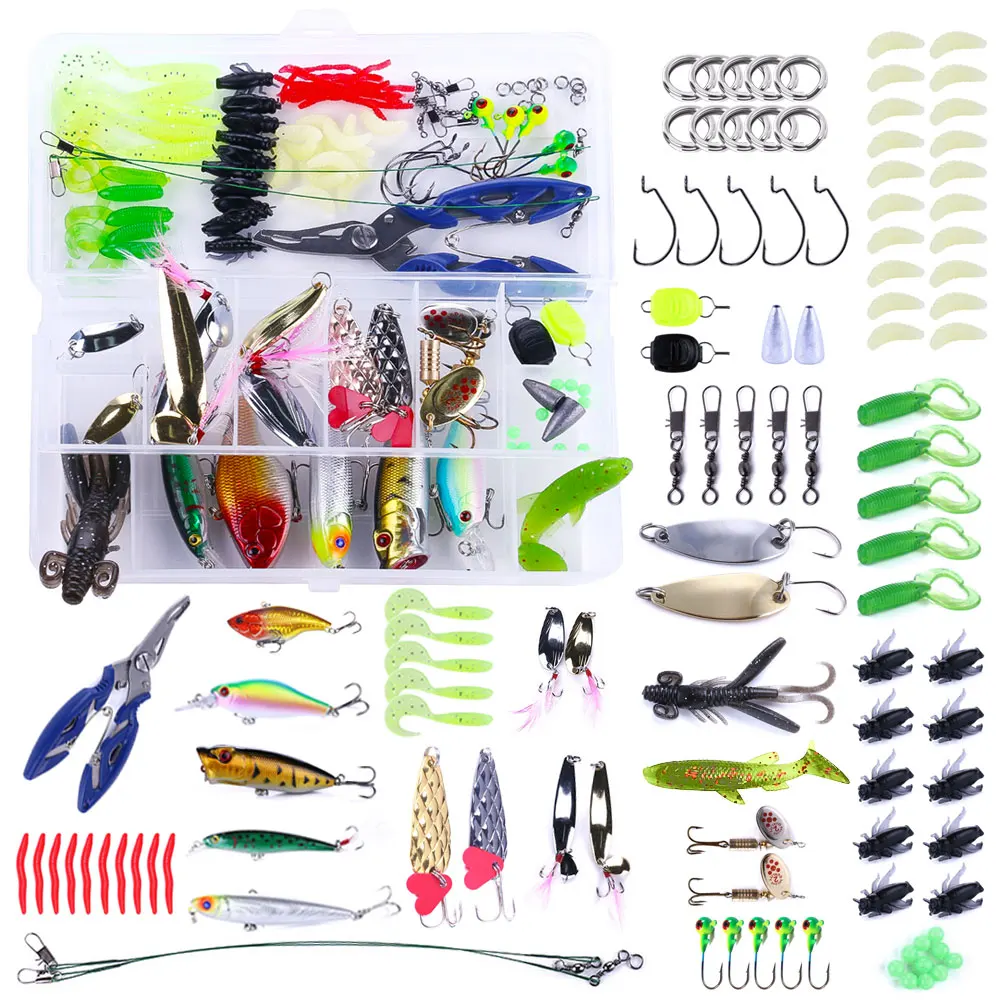 

110 шт. новый набор смешанных рыболовных приманок, набор мягких и жестких приманок, металлическая ложка для приманки Minnow, аксессуары с коробкой для окуня, щуки, рукоятки