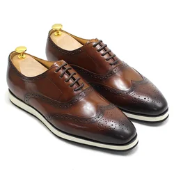 Classic Genuine Cow Leather Business Men's Casual Shoes Lace-up Brogue Wingtip Toe Oxford Flat Sneakers Men Shoes Black Brown