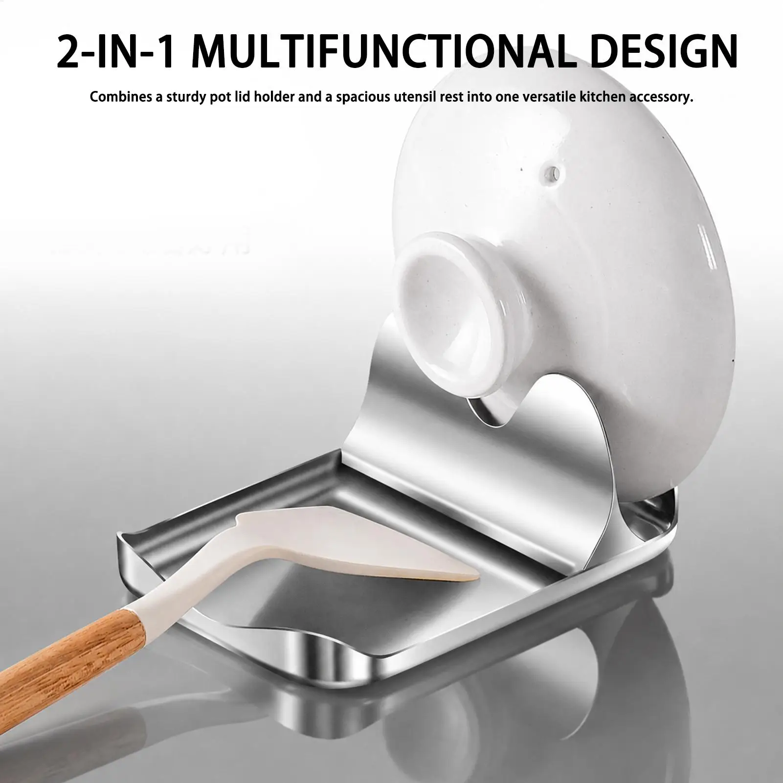 Stainless Steel Pot Lid & Spoon Rest Rack, Countertop Kitchen Storage Holder with Drain Tray for Spatula, Soup Spoon Rack