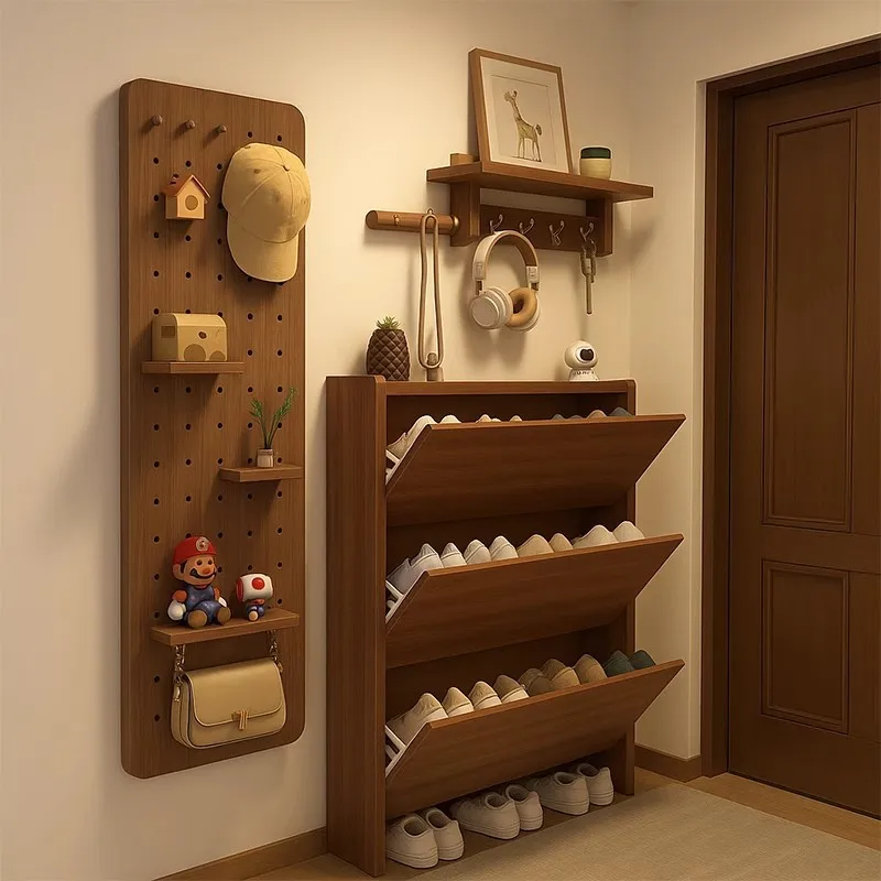 

Solid wood tipping bucket shoe cabinet integrated against the wall cabinet at the door Ultra-thin shoe=