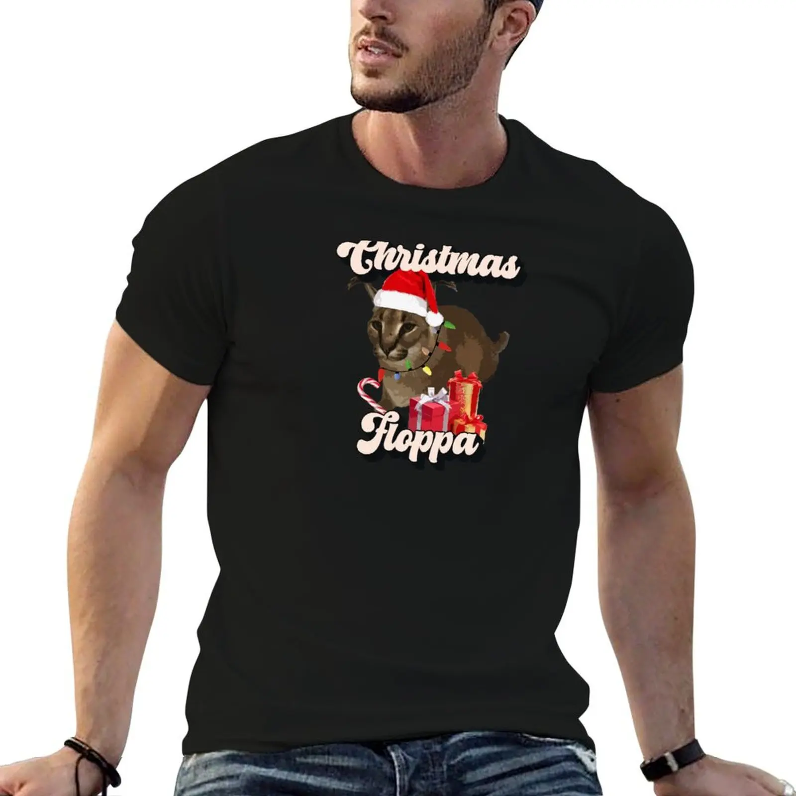 Camiseta con diseño de texto retro del meme divertido del gato grande Caracal, camiseta divertida de algodón con meme de Navidad Big Floppa