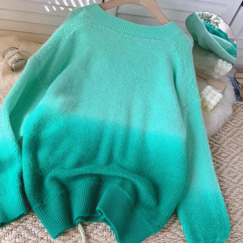 

Three-Dimensional Flower Soft Glutinous Sweater Women Advanced Gentle Fall Women's Clothing V-neck Green Long Sleeve Knit Top