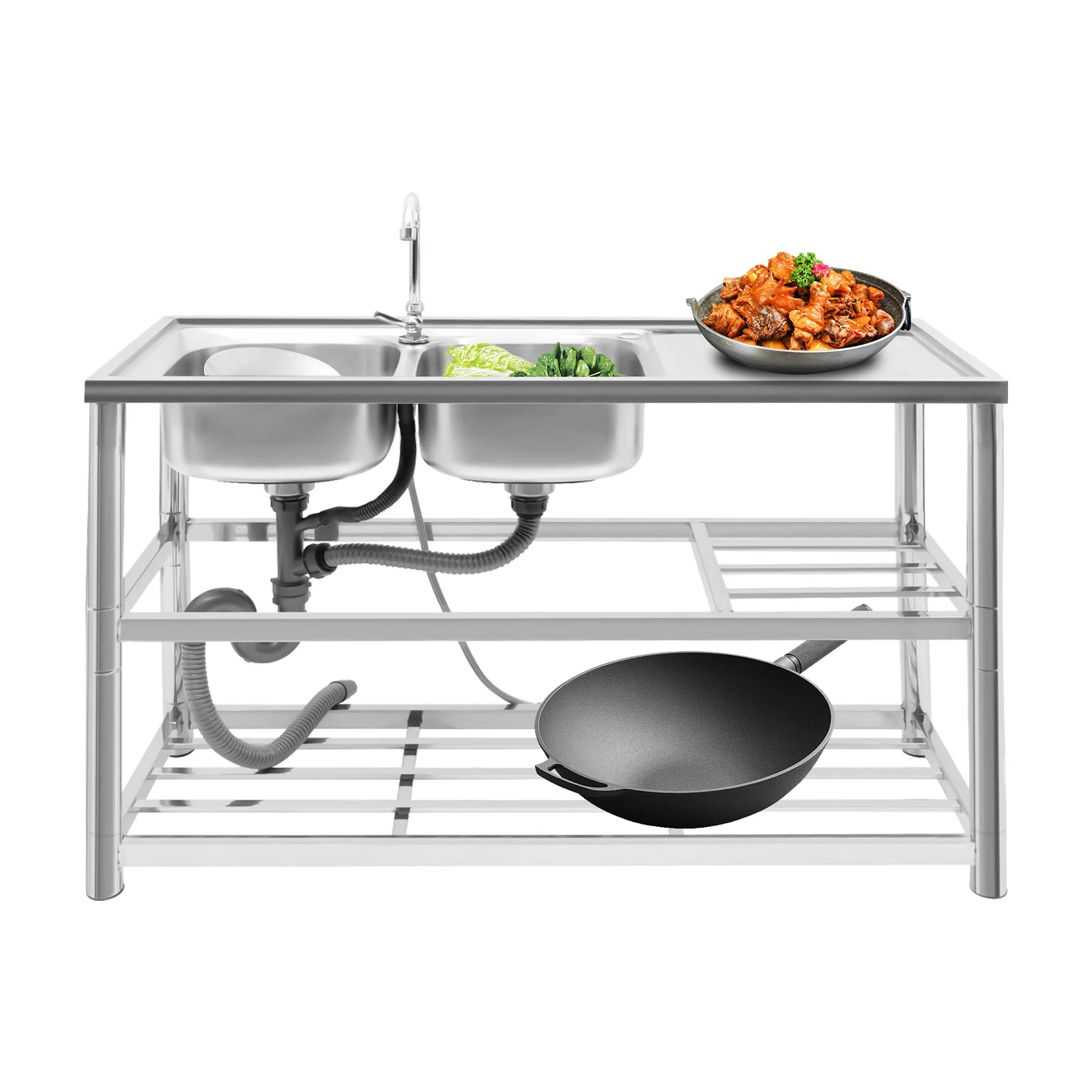 Free Standing Stainless-Steel Double Bowl Commercial Restaurant Kitchen Sink Set w/Faucet & Drainboard & Washing Hand Basin