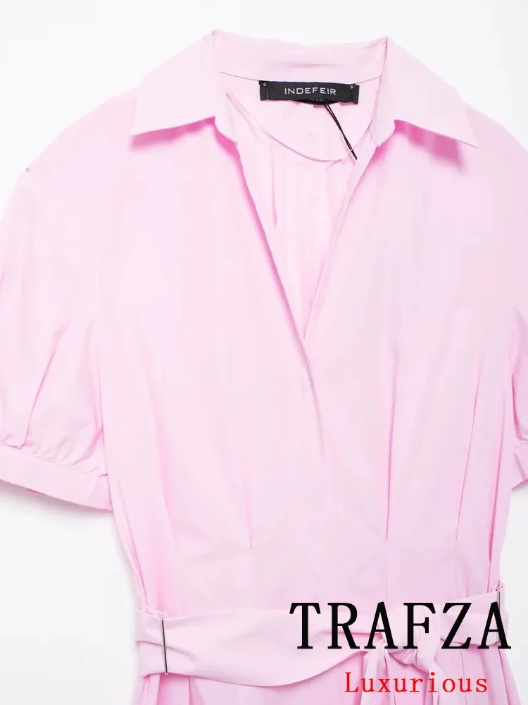 TRAFZA-Vestido rosa chique vintage feminino, camisa reta longa, cinto monocromático, manga curta, decote V, moda, outono, 2024